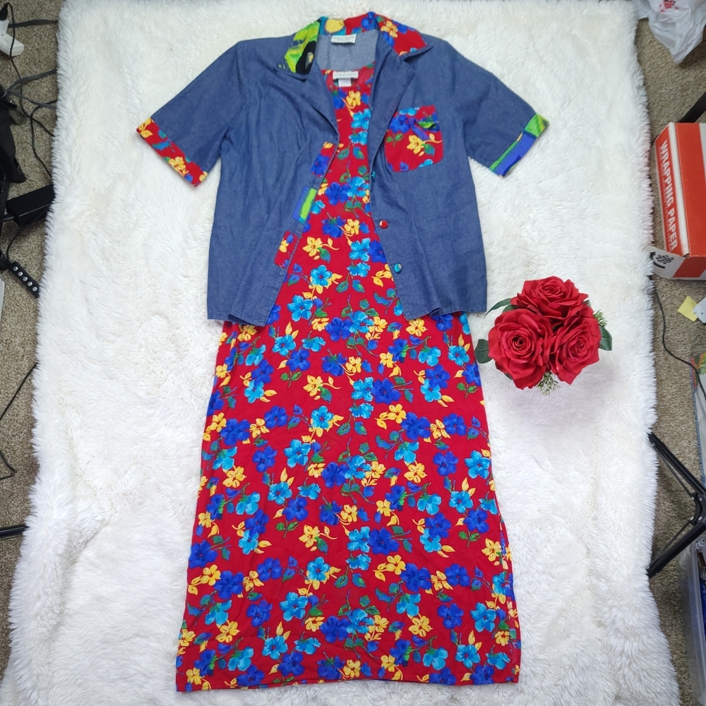 Vintage Made in USA Cowtown Creations Jean Jacket with Red Floral Dress Size S